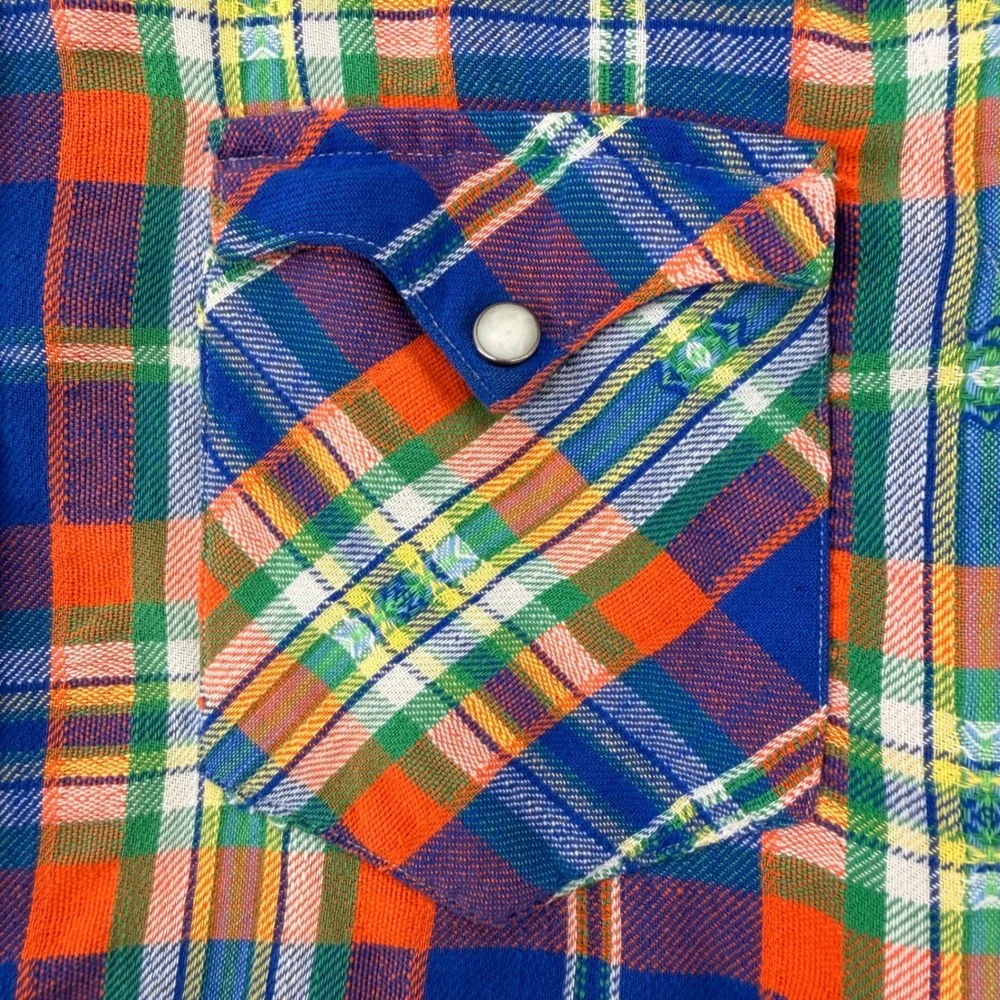 Polo Ralph Lauren Western Shirt Mens‎ Small Blue Orange Plaid Pearl Snap Cotton